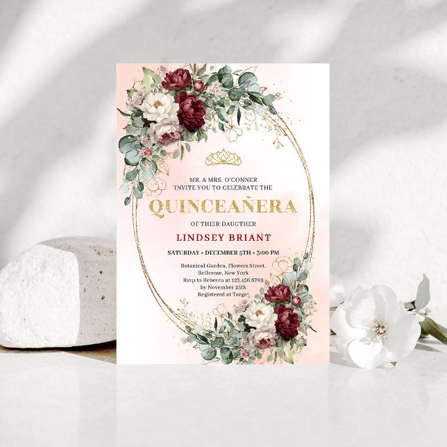 Graceful Burgundy Peonies Eucalyptus Quince Invite Einladung (Graceful Burgundy Peonies Eucalyptus Quince Invite)