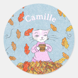 Graceful Cat Fall Kid Sticker with Name