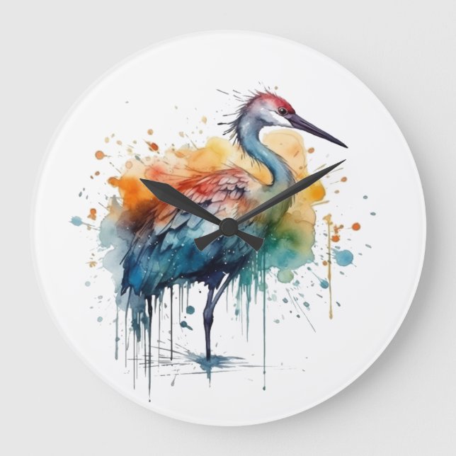 Graceful Crane: Wasserfarben Kunst Große Wanduhr (Vorderseite)