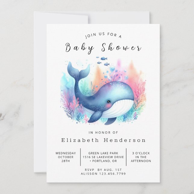 Graceful Custom Whale Baby Dusche Einladung (Vorderseite)