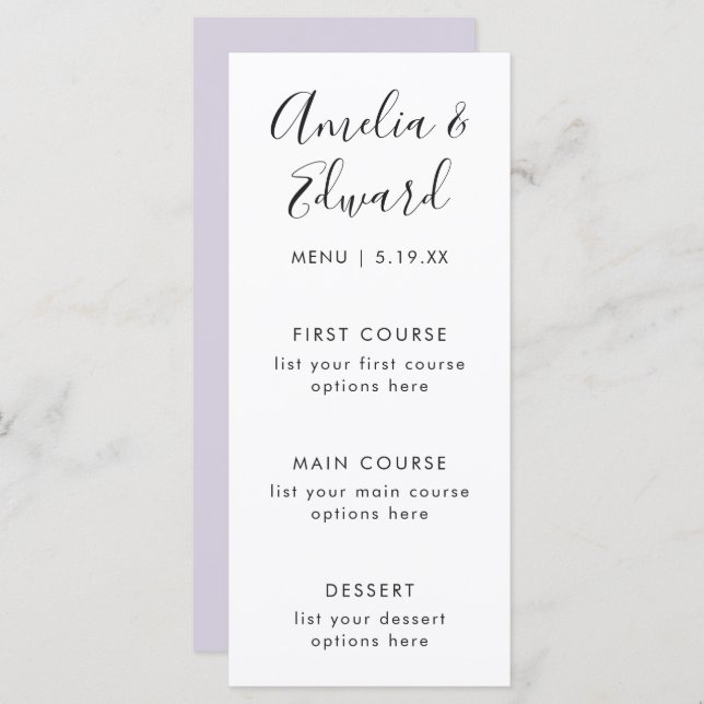 Graceful Delicate Lila Wedding Menu Card Menükarte (Vorne/Hinten)