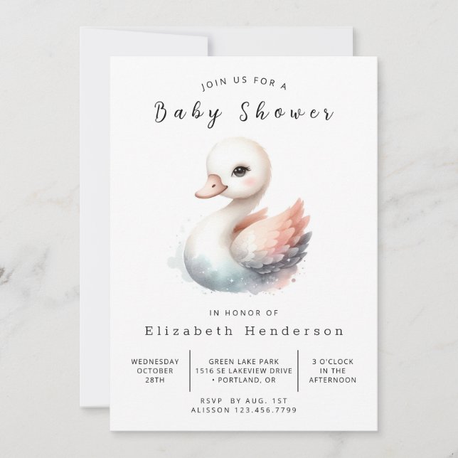 Graceful Digital Swan Baby Dusche Einladung (Vorderseite)