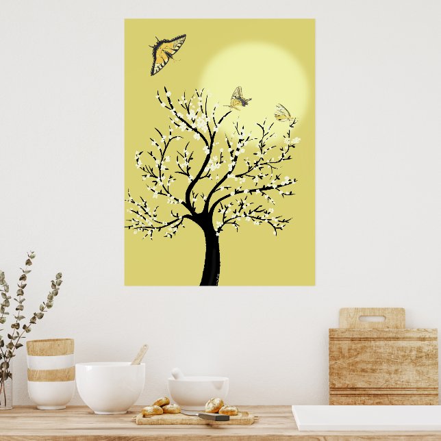 Graceful dreamy sunlit tree with butterflies  poster (Küche)