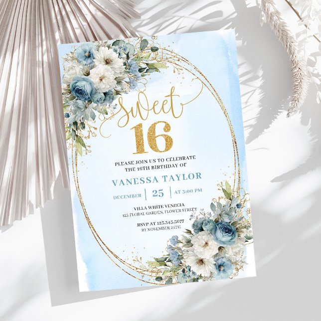 Graceful Dusty Blue Floral Sweet 16th Birthday  Einladung (Graceful Dusty Blue Floral Sweet 16th Birthday Invite)