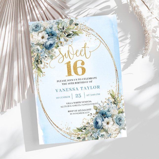 Graceful Dusty Blue Floral Sweet Sixteen Invites Einladung (Graceful Dusty Blue Floral Sweet Sixteen Invitation)