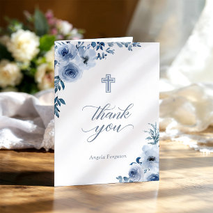 Graceful Dusty Blue Floral Taufe Christening Dankeskarte