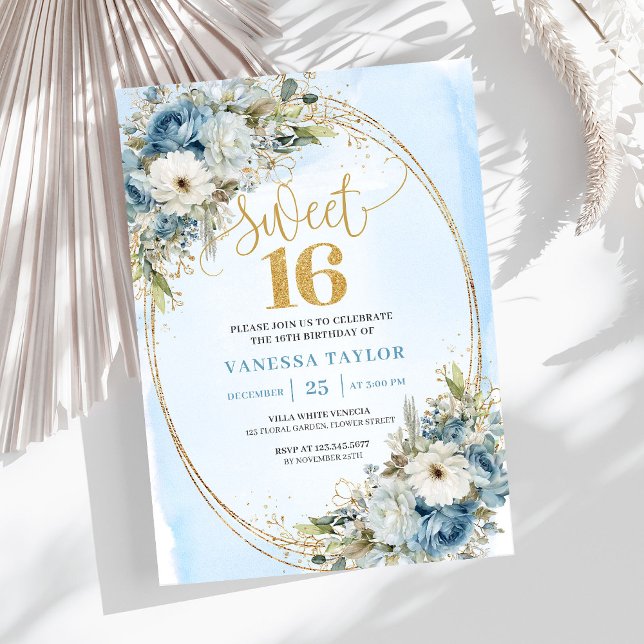 Graceful Dusty Blue Greenery Sweet Sixteen Invite  Einladung (Graceful Dusty Blue Greenery Sweet Sixteen Invite Design

)