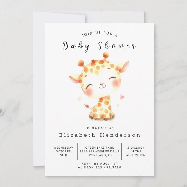 Graceful Editable Giraffe Baby Dusche Einladung (Vorderseite)