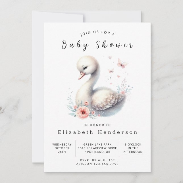 Graceful Editable Swan Baby Dusche Einladung (Vorderseite)