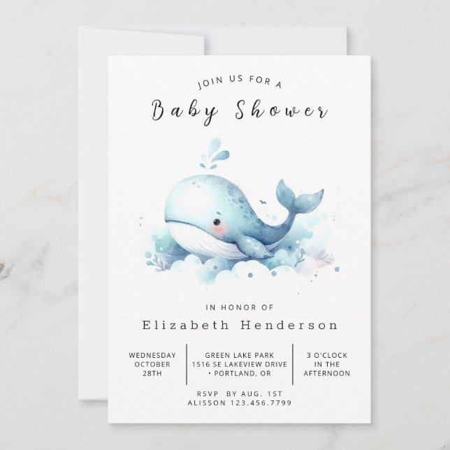 Graceful Editable Whale Baby Dusche Einladung (Vorderseite)