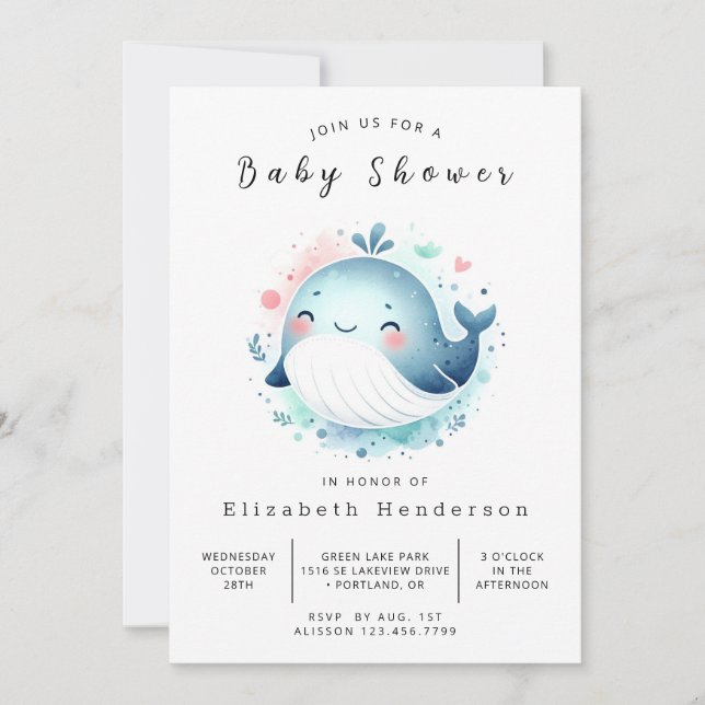 Graceful Editable Whale Baby Dusche Einladung (Vorderseite)
