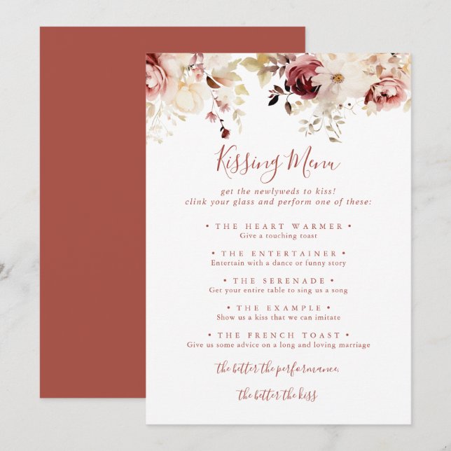 Graceful Floral Wedding Kissing Menu Game Card (Vorne/Hinten)