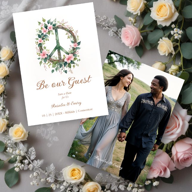 Graceful Floral Wood Peace Symbol Photo Wedding Save The Date (Graceful and Cherish Floral Wood Peace Symbol Photo Wedding Save the Date Card.)