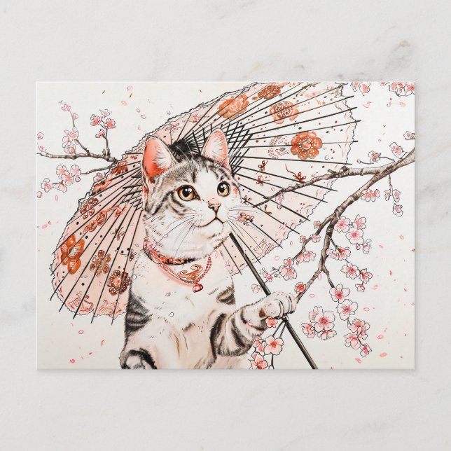 Graceful Geisha Katze mit Verziertem Parasol und K Postkarte (Vorderseite)