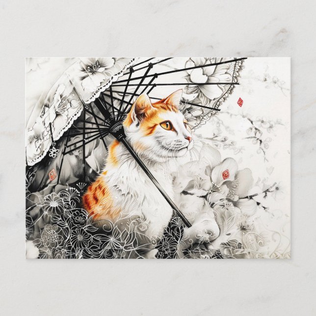 Graceful Geisha Katze mit weißen Orchideen auf Chi Postkarte (Vorderseite)