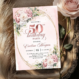 Graceful Greenery Rose Gold 50th Birthday Party Einladung