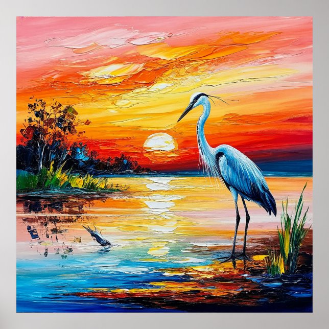 Graceful Heron a Serene Pond Poster (Vorne)