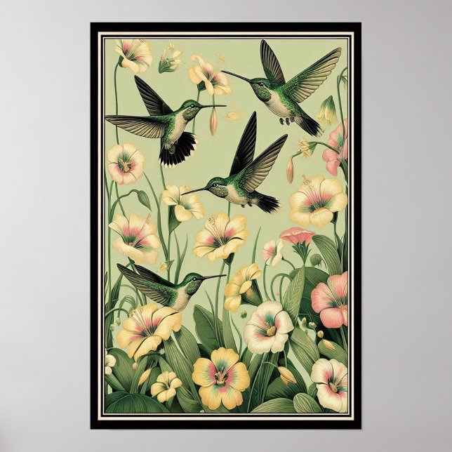 Graceful Hummingbirds Under Golden Lilies Poster (Vorne)