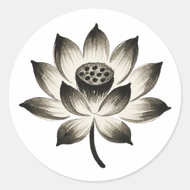 Graceful Lotus - Ink Brush Blume Runder Aufkleber (Vorderseite)