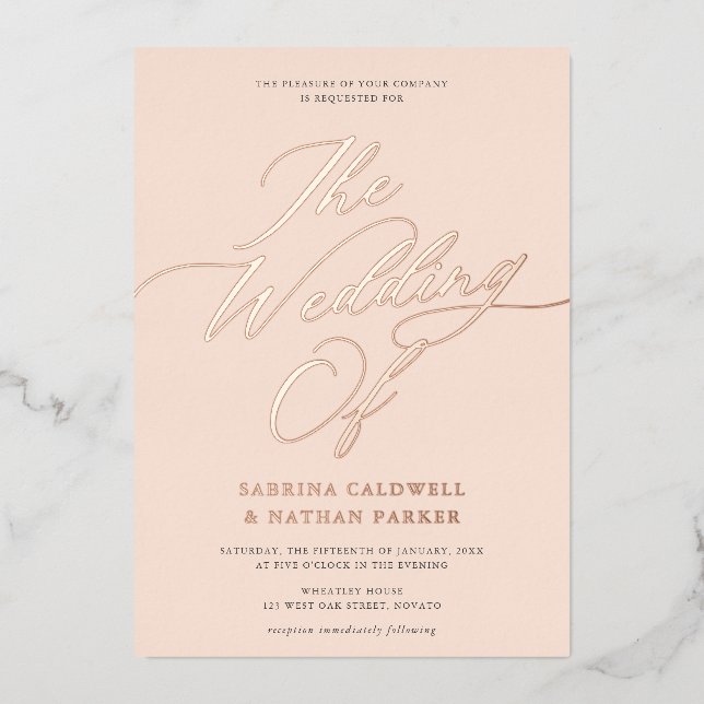 Graceful Modern Script Wedding Blush Rose Gold Folieneinladung (Vorderseite)