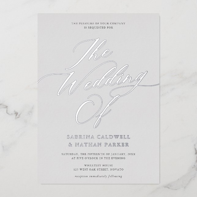 Graceful Modern Script Wedding Gray Silver Folieneinladung (Vorderseite)