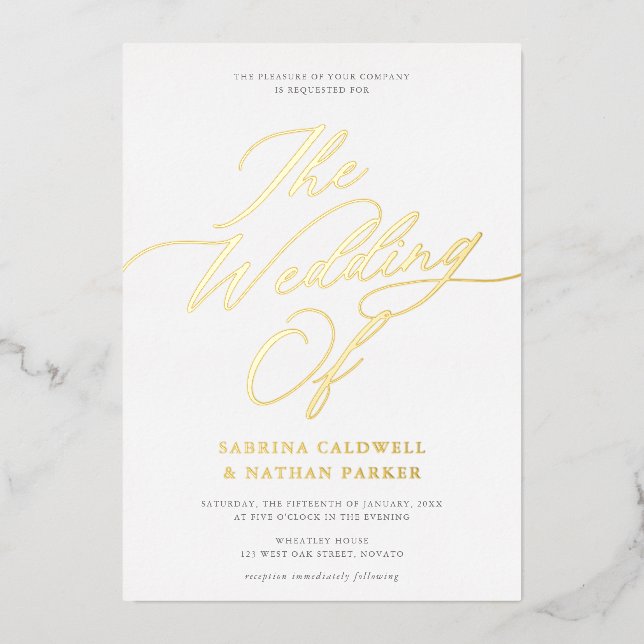 Graceful Modern Script Wedding White Gold Folieneinladung (Vorderseite)