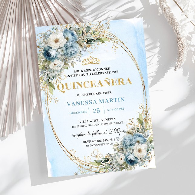 Graceful Pastel Blue Gold Eucalyptus Quinceañera   Einladung (Graceful Pastel Blue Gold Eucalyptus Quinceañera Invite

)