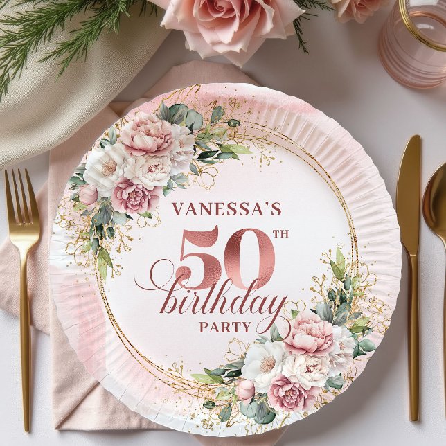 Graceful Rose Gold Eucalyptus 50th Birthday Floral Pappteller (Graceful Rose Gold Eucalyptus 50th Birthday Floral Dinner Plates

)
