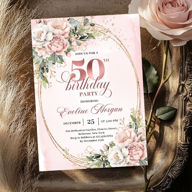 Graceful Rose Gold Floral 50th Birthday Invite Einladung (Graceful Rose Gold Floral 50th Birthday Invite)