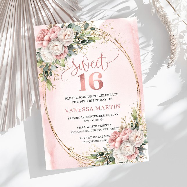 Graceful Rose Gold Floral Greenery Sweet Sixteen  Einladung (Graceful Rose Gold Floral Greenery Sweet Sixteen Invitation

)