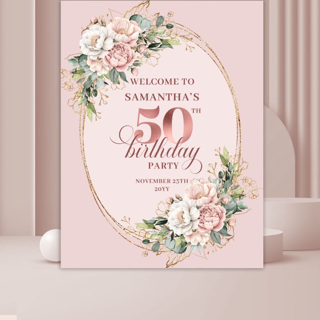 Graceful Rose Gold Greenery 50th Birthday Celebrat Wandteppich (Graceful Rose Gold Greenery 50th Birthday Celebration Banner

)