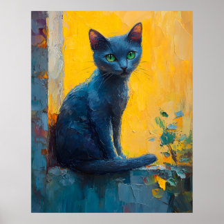 Graceful Russian Blue Cat – Sunset Balcony Moment Poster