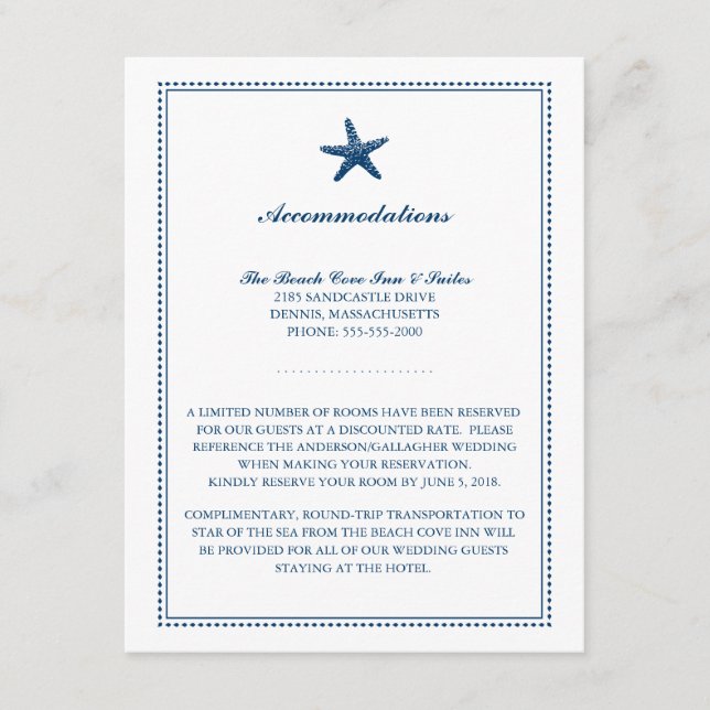 Graceful Starfish Blue | Hochzeitsunterkünfte Begleitkarte (Vorderseite)