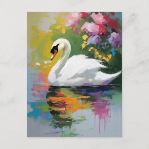 Graceful Swan Amidst Lebendige Blüten Postkarte