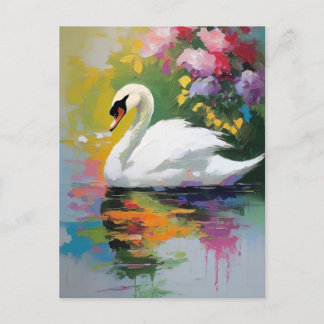 Graceful Swan Amidst Lebendige Blüten Postkarte