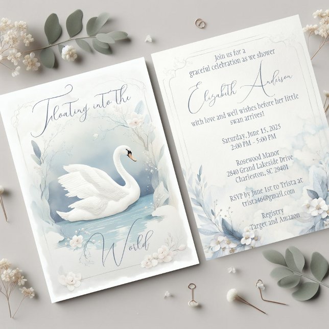 Graceful Swan Einladung (The front and back of a soft watercolor swan baby shower invitation in pale blue and gray. )