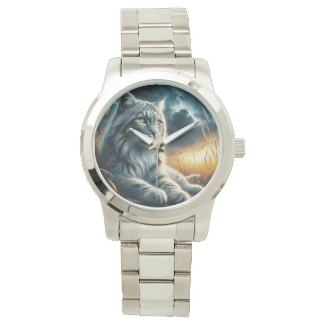 Graceful Whiskers: Silver Cat Bracelet Watch Armbanduhr (Vorderseite)