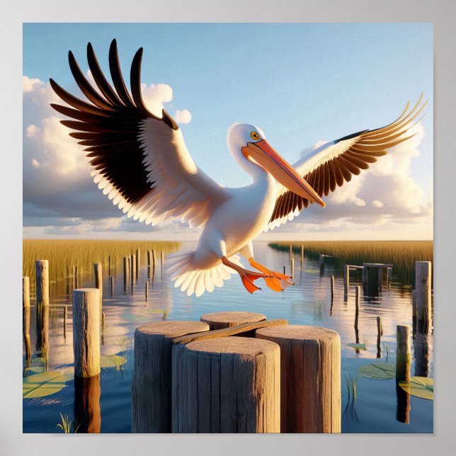 Gracful American White Pelican in Serene Wetlands Poster (Vorne)