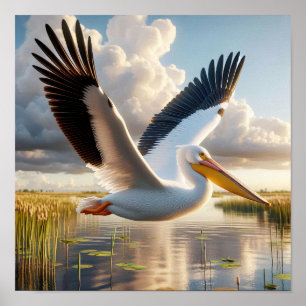 Gracful American White Pelican in Serene Wetlands Poster