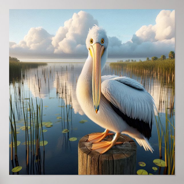Gracful American White Pelican in Serene Wetlands Poster (Vorne)