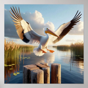 Gracful American White Pelican in Serene Wetlands Poster