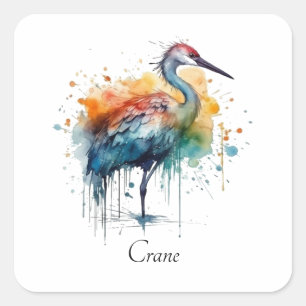 Gracful Crane: Wasserfarben Kunst, Brauch Quadratischer Aufkleber