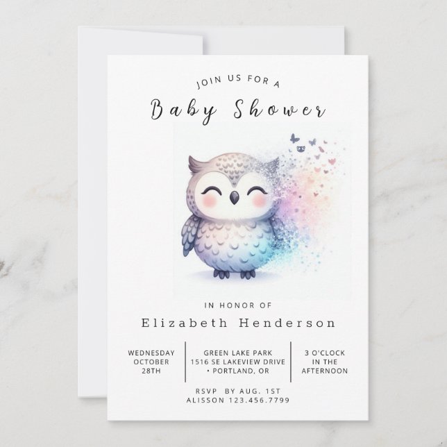 Gracful Editable Owl Baby Dusche Einladung (Vorderseite)