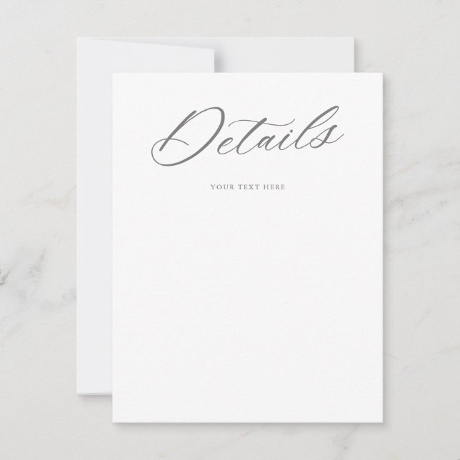 Gracful Script Wedding White Gray Details Card RSVP Karte (Vorderseite)