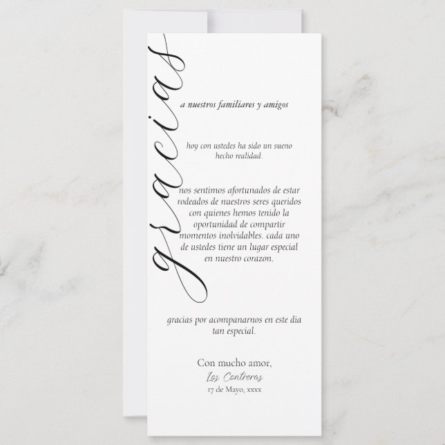 Gracias Platzierungskarte auf Spanisch Einladung (Vorderseite)