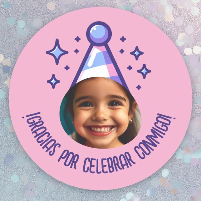 Gracias por Celebrar Conmigo Fiesta con Foto Runder Aufkleber (Gracias por Celebrar Conmigo Fiesta con Foto Classic Round Sticker.)