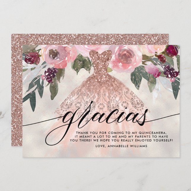 Gracias Rose Gold Glitzer Floral Quinceañera Dankeskarte (Vorne/Hinten)