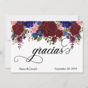 Gracias Wedding Floral Spanische Marine Burgundy Dankeskarte