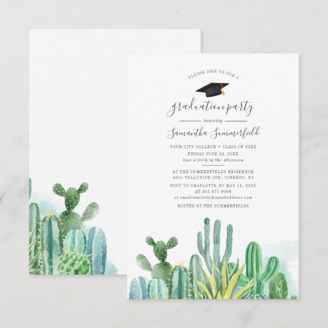 Grad 2022 Cacti Botanical Boho Graduation Party Einladung (Vorne/Hinten)