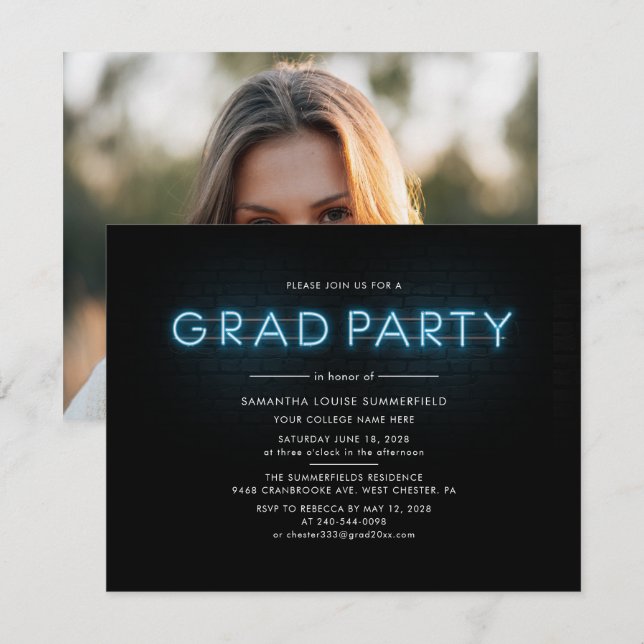 Grad 2022 Foto Blue Neon Graduation Party Einladung (Vorne/Hinten)